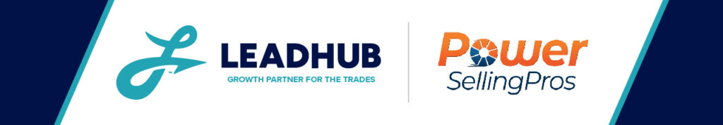 A dark blue and turquoise graphic of the leadhub and power sellingpros logo side by side.